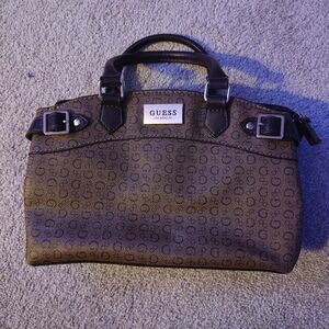 Guess Monogram Satchel in Brown and Black with Gold Plate